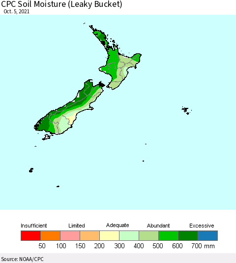 New Zealand CPC Soil Moisture (Leaky Bucket) Thematic Map For 10/1/2021 - 10/5/2021