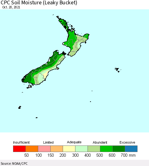 New Zealand CPC Soil Moisture (Leaky Bucket) Thematic Map For 10/16/2021 - 10/20/2021