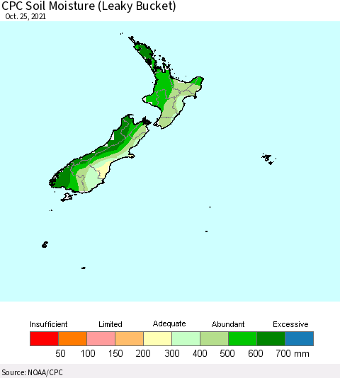 New Zealand CPC Soil Moisture (Leaky Bucket) Thematic Map For 10/21/2021 - 10/25/2021