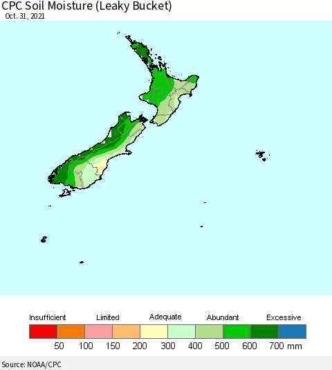 New Zealand CPC Soil Moisture (Leaky Bucket) Thematic Map For 10/26/2021 - 10/31/2021