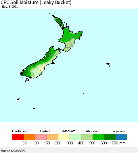 New Zealand CPC Soil Moisture (Leaky Bucket) Thematic Map For 11/1/2021 - 11/5/2021