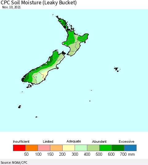 New Zealand CPC Soil Moisture (Leaky Bucket) Thematic Map For 11/6/2021 - 11/10/2021