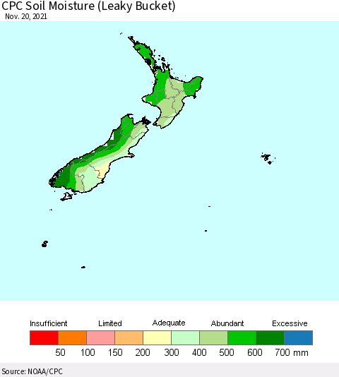 New Zealand CPC Soil Moisture (Leaky Bucket) Thematic Map For 11/16/2021 - 11/20/2021