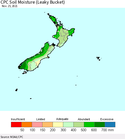 New Zealand CPC Soil Moisture (Leaky Bucket) Thematic Map For 11/21/2021 - 11/25/2021