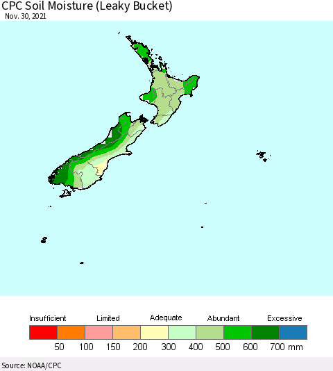 New Zealand CPC Soil Moisture (Leaky Bucket) Thematic Map For 11/26/2021 - 11/30/2021