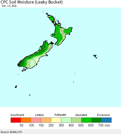 New Zealand CPC Soil Moisture (Leaky Bucket) Thematic Map For 12/11/2021 - 12/15/2021