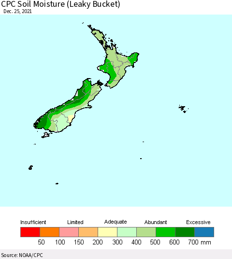New Zealand CPC Soil Moisture (Leaky Bucket) Thematic Map For 12/21/2021 - 12/25/2021