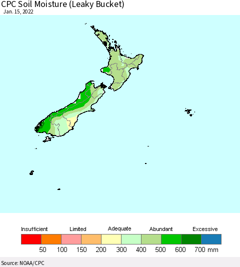 New Zealand CPC Soil Moisture (Leaky Bucket) Thematic Map For 1/11/2022 - 1/15/2022