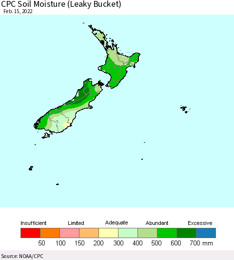 New Zealand CPC Soil Moisture (Leaky Bucket) Thematic Map For 2/11/2022 - 2/15/2022