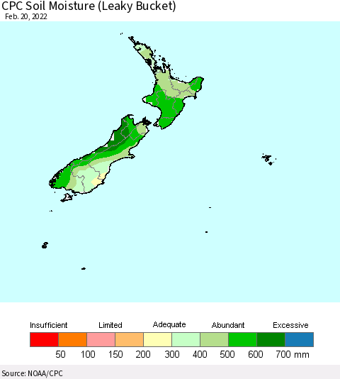 New Zealand CPC Soil Moisture (Leaky Bucket) Thematic Map For 2/16/2022 - 2/20/2022