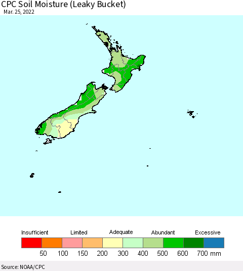 New Zealand CPC Soil Moisture (Leaky Bucket) Thematic Map For 3/21/2022 - 3/25/2022