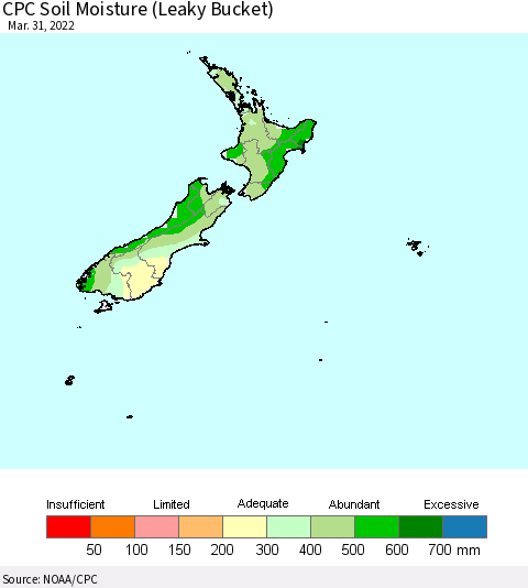 New Zealand CPC Soil Moisture (Leaky Bucket) Thematic Map For 3/26/2022 - 3/31/2022