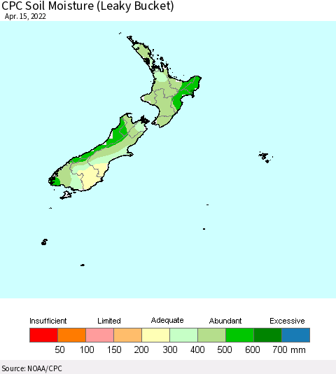 New Zealand CPC Soil Moisture (Leaky Bucket) Thematic Map For 4/11/2022 - 4/15/2022