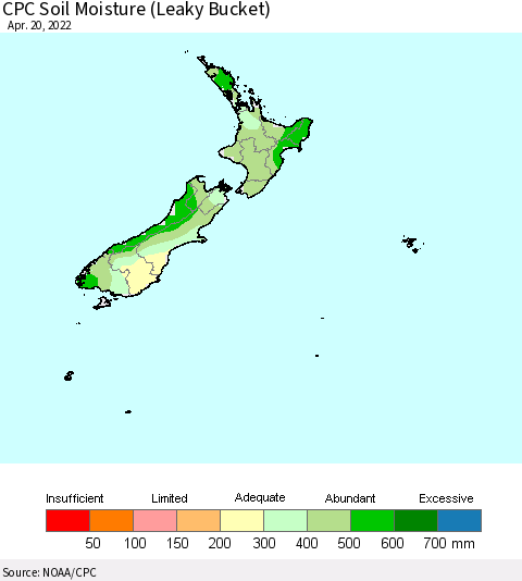 New Zealand CPC Soil Moisture (Leaky Bucket) Thematic Map For 4/16/2022 - 4/20/2022