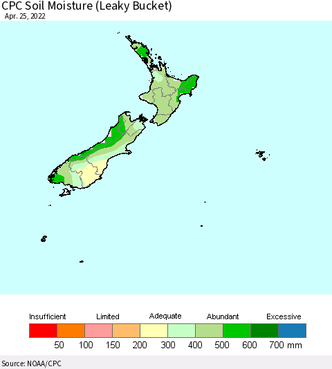 New Zealand CPC Soil Moisture (Leaky Bucket) Thematic Map For 4/21/2022 - 4/25/2022