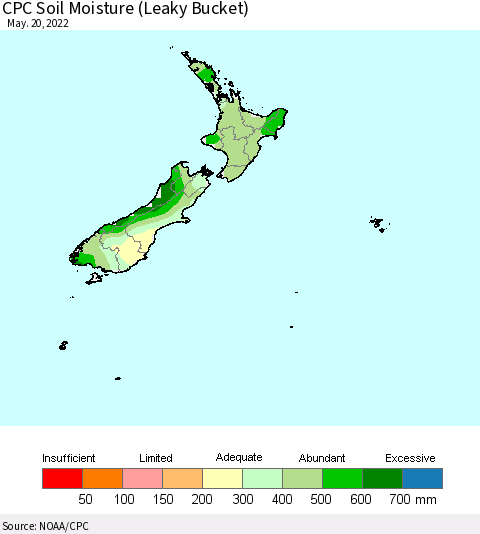 New Zealand CPC Soil Moisture (Leaky Bucket) Thematic Map For 5/16/2022 - 5/20/2022