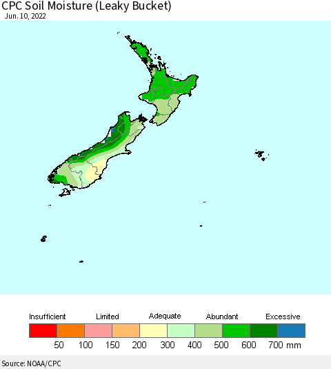 New Zealand CPC Soil Moisture (Leaky Bucket) Thematic Map For 6/6/2022 - 6/10/2022