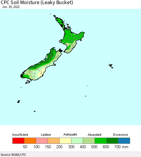 New Zealand CPC Soil Moisture (Leaky Bucket) Thematic Map For 6/26/2022 - 6/30/2022
