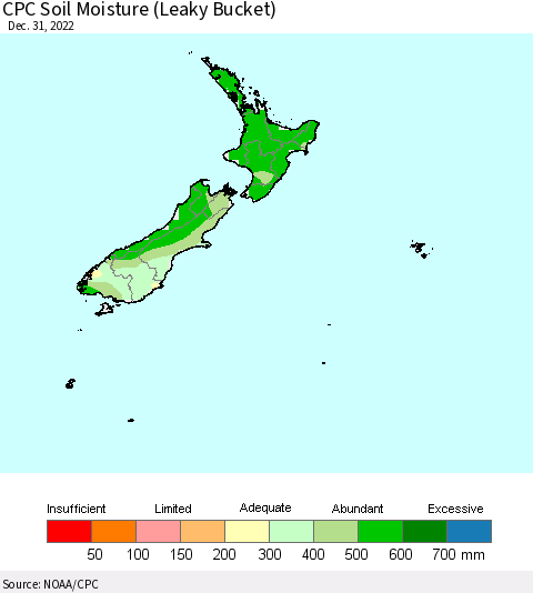 New Zealand CPC Soil Moisture (Leaky Bucket) Thematic Map For 12/26/2022 - 12/31/2022
