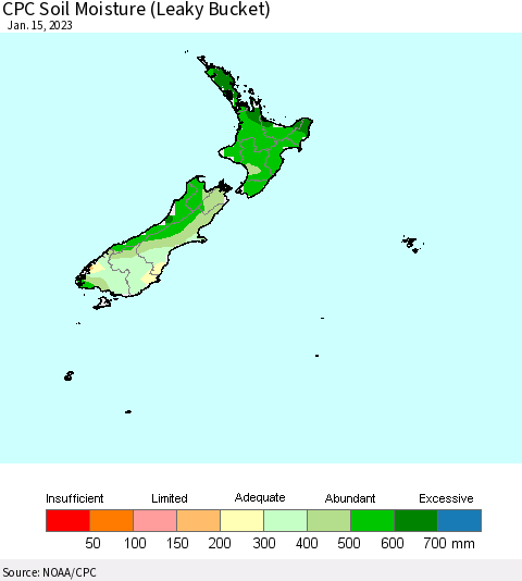 New Zealand CPC Soil Moisture (Leaky Bucket) Thematic Map For 1/11/2023 - 1/15/2023