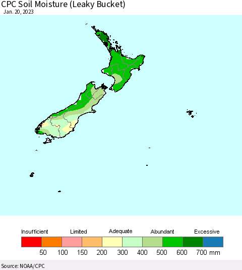 New Zealand CPC Soil Moisture (Leaky Bucket) Thematic Map For 1/16/2023 - 1/20/2023