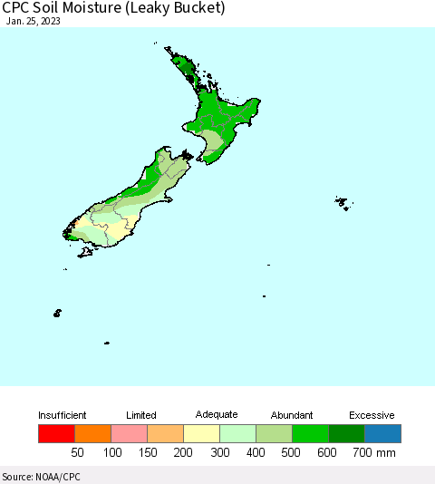 New Zealand CPC Soil Moisture (Leaky Bucket) Thematic Map For 1/21/2023 - 1/25/2023