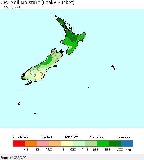 New Zealand CPC Soil Moisture (Leaky Bucket) Thematic Map For 1/26/2023 - 1/31/2023