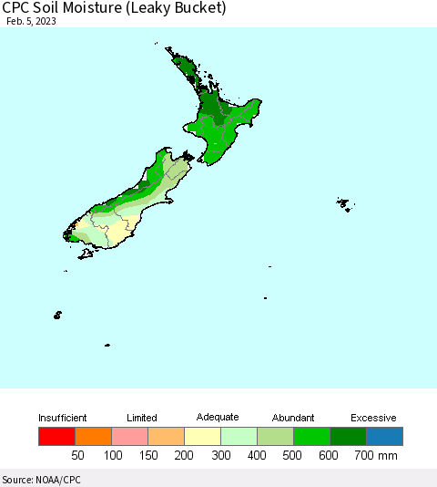 New Zealand CPC Soil Moisture (Leaky Bucket) Thematic Map For 2/1/2023 - 2/5/2023