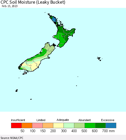 New Zealand CPC Soil Moisture (Leaky Bucket) Thematic Map For 2/11/2023 - 2/15/2023