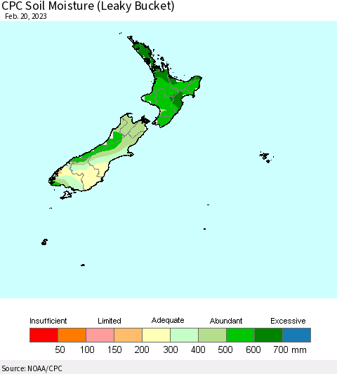 New Zealand CPC Soil Moisture (Leaky Bucket) Thematic Map For 2/16/2023 - 2/20/2023