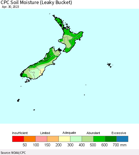 New Zealand CPC Soil Moisture (Leaky Bucket) Thematic Map For 4/26/2023 - 4/30/2023