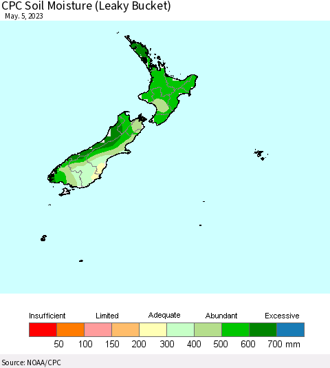 New Zealand CPC Soil Moisture (Leaky Bucket) Thematic Map For 5/1/2023 - 5/5/2023