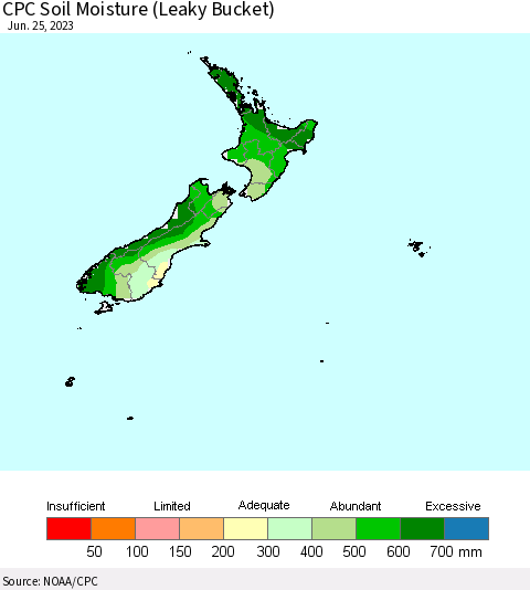 New Zealand CPC Soil Moisture (Leaky Bucket) Thematic Map For 6/21/2023 - 6/25/2023