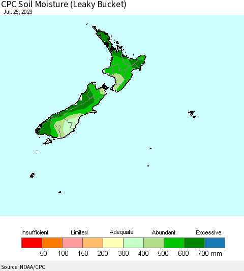 New Zealand CPC Soil Moisture (Leaky Bucket) Thematic Map For 7/21/2023 - 7/25/2023