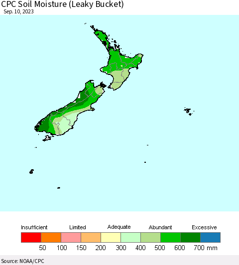 New Zealand CPC Soil Moisture (Leaky Bucket) Thematic Map For 9/6/2023 - 9/10/2023