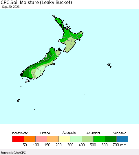 New Zealand CPC Soil Moisture (Leaky Bucket) Thematic Map For 9/16/2023 - 9/20/2023