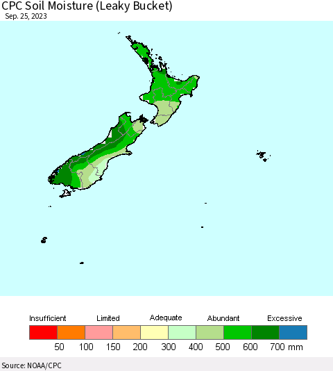 New Zealand CPC Soil Moisture (Leaky Bucket) Thematic Map For 9/21/2023 - 9/25/2023