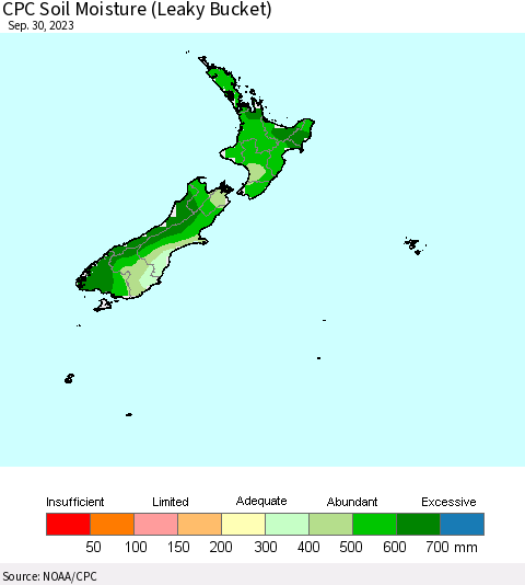 New Zealand CPC Soil Moisture (Leaky Bucket) Thematic Map For 9/26/2023 - 9/30/2023