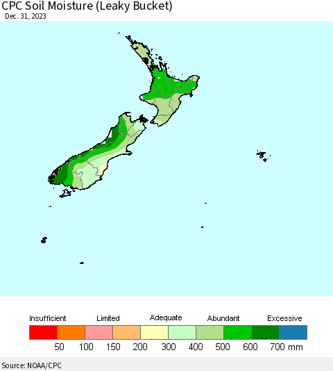 New Zealand CPC Soil Moisture (Leaky Bucket) Thematic Map For 12/26/2023 - 12/31/2023