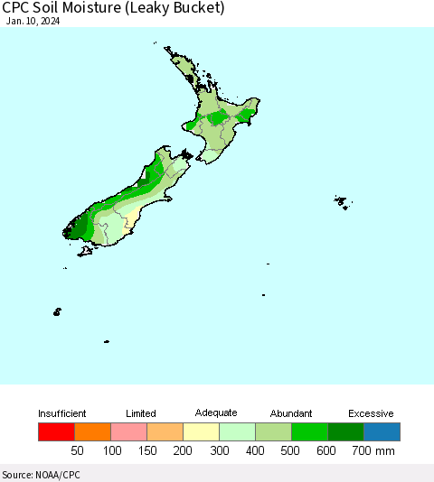 New Zealand CPC Soil Moisture (Leaky Bucket) Thematic Map For 1/6/2024 - 1/10/2024
