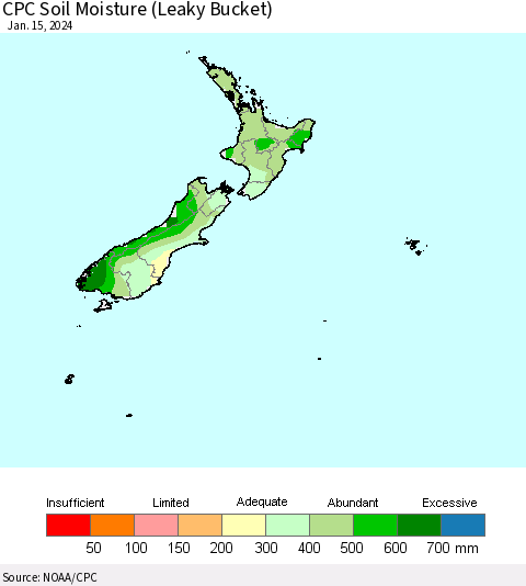 New Zealand CPC Soil Moisture (Leaky Bucket) Thematic Map For 1/11/2024 - 1/15/2024