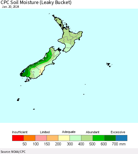 New Zealand CPC Soil Moisture (Leaky Bucket) Thematic Map For 1/16/2024 - 1/20/2024