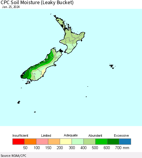 New Zealand CPC Soil Moisture (Leaky Bucket) Thematic Map For 1/21/2024 - 1/25/2024
