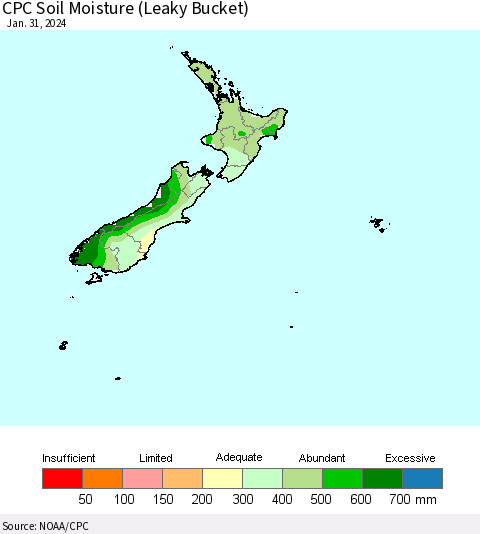 New Zealand CPC Soil Moisture (Leaky Bucket) Thematic Map For 1/26/2024 - 1/31/2024
