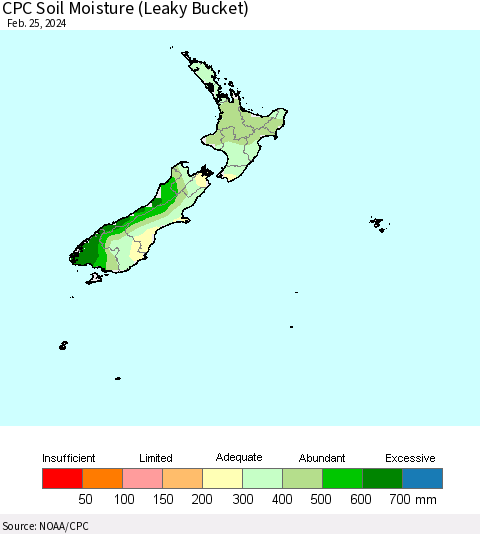 New Zealand CPC Soil Moisture (Leaky Bucket) Thematic Map For 2/21/2024 - 2/25/2024