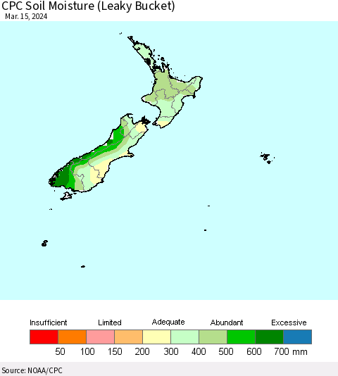 New Zealand CPC Soil Moisture (Leaky Bucket) Thematic Map For 3/11/2024 - 3/15/2024