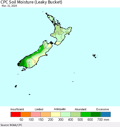 New Zealand CPC Soil Moisture (Leaky Bucket) Thematic Map For 3/26/2024 - 3/31/2024