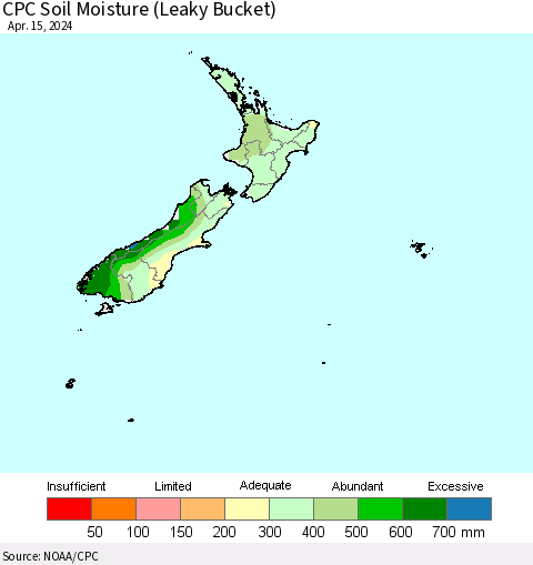 New Zealand CPC Soil Moisture (Leaky Bucket) Thematic Map For 4/11/2024 - 4/15/2024