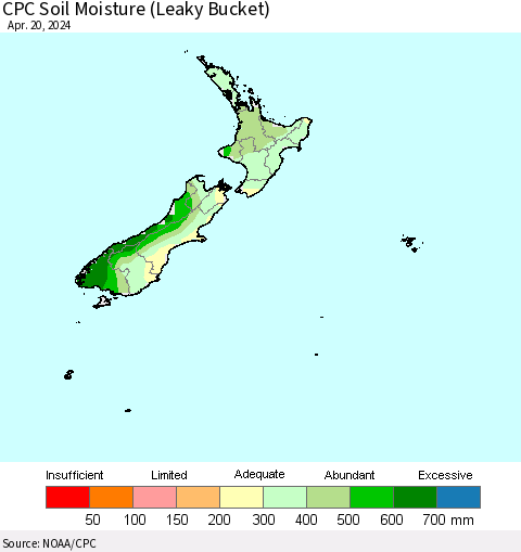 New Zealand CPC Soil Moisture (Leaky Bucket) Thematic Map For 4/16/2024 - 4/20/2024