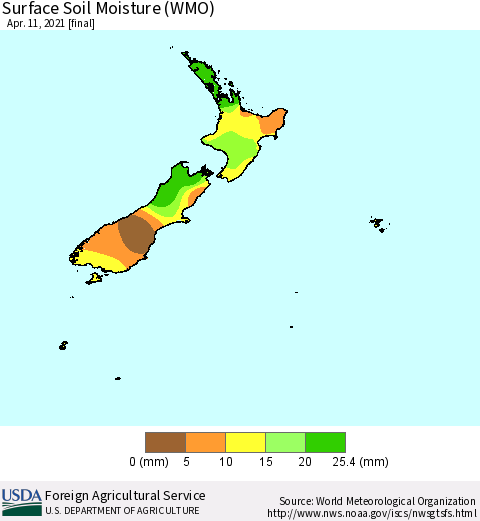 New Zealand Surface Soil Moisture (WMO) Thematic Map For 4/5/2021 - 4/11/2021